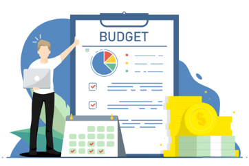 Graphic of a man holding a laptop with a budget sheet, calendar, and stack of money.