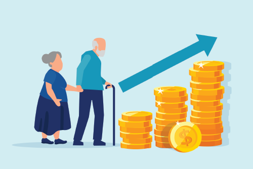 Elderly couple walking towards increased coin piles